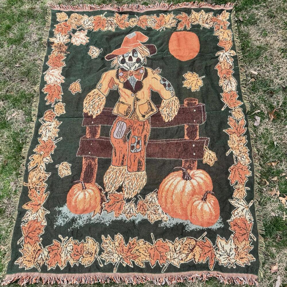 Throw Blanket Tapestry Scarecrow Fall Pumpkins Harvest Fringe 72x52